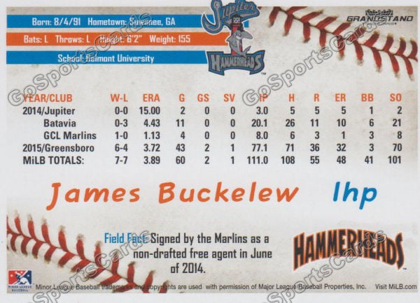 2016 Jupiter Hammerheads James Buckelew  Back of Card