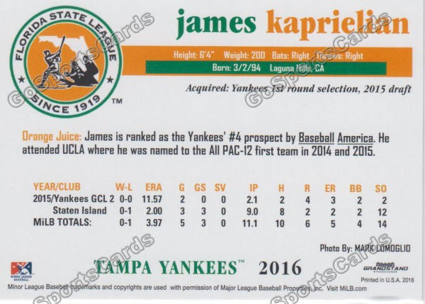 2016 Florida State League Top Prospect FSL James Kaprielian Back of Card