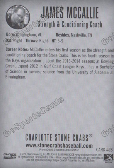 2016 Charlotte Stone Crabs James McCallie Back of Card