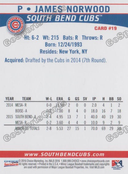 2016 South Bend Cubs James Norwood Back of Card