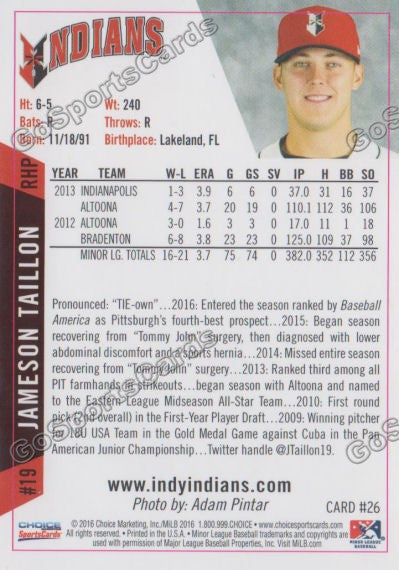 2016 Indianapolis Indians Jameson Taillon Back of Card