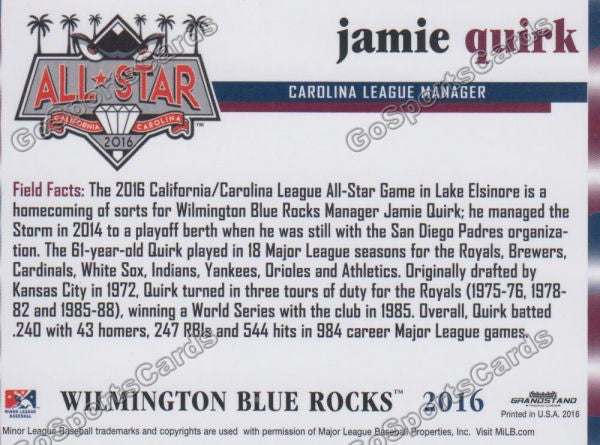 2016 Carolina League All Star Jamie Quirk Back of Card