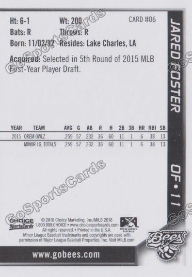 2016 Burlington Bees Jared Foster  Back of Card