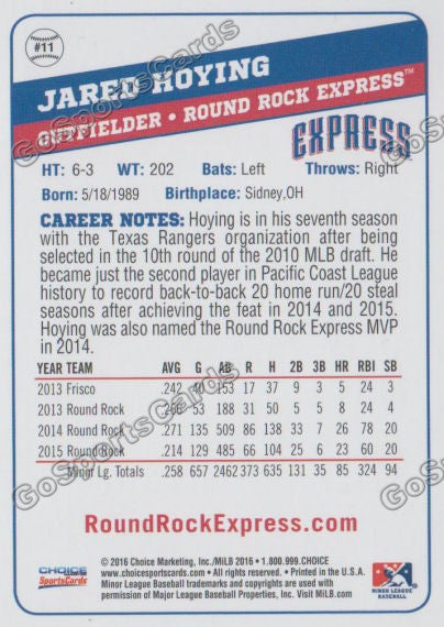 2016 Round Rock Express Jared Hoying Back of Card