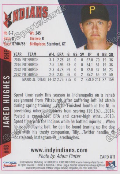 2016 Indianapolis Indians Jared Hughes Back of Card