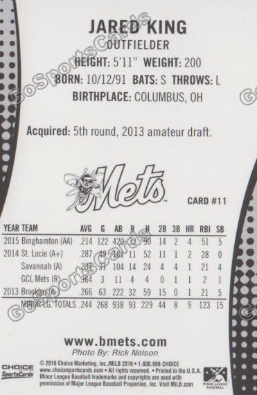 2016 Binghamton Mets Jared King Back of Card