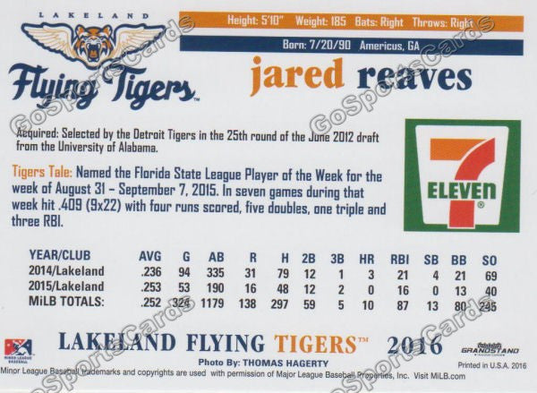 2016 Lakeland Flying Tigers Jared Reaves Back of Card