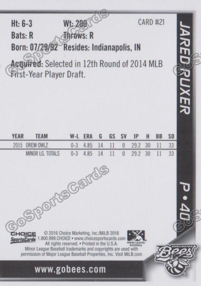 2016 Burlington Bees Jared Ruxer  Back of Card
