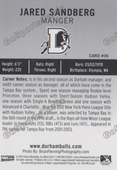  2016 Durham Bulls Jared Sandberg Back of Card