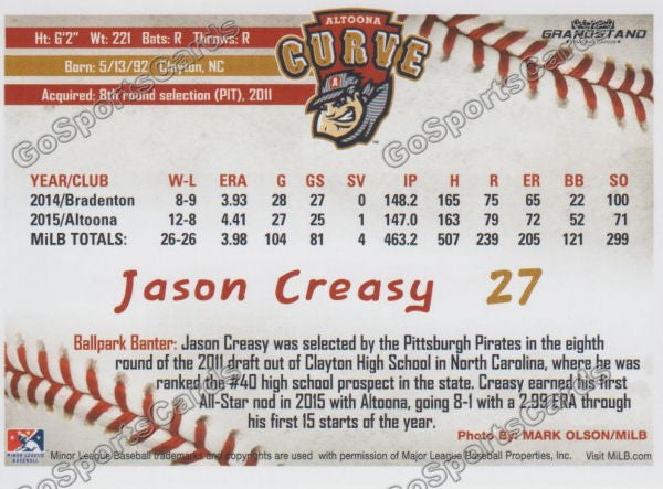 2016 Altoona Curve Jason Creasy Back of Card