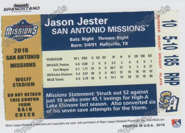 2016 San Antonio Missions Jason Jester Back of Card