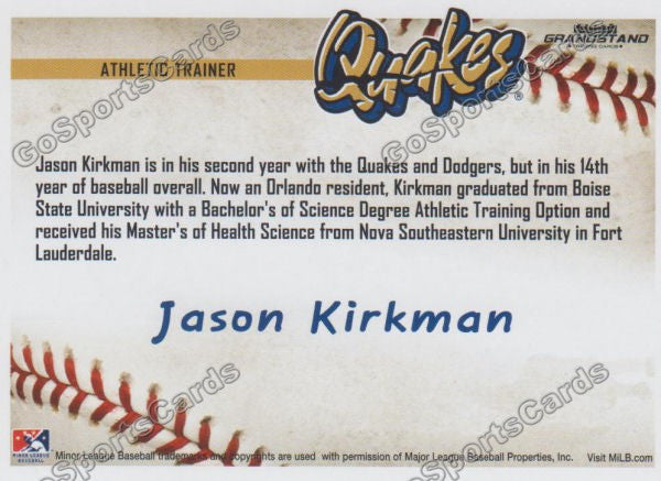 2016 Rancho Cucamonga Quakes Jason Kirkman Back of Card