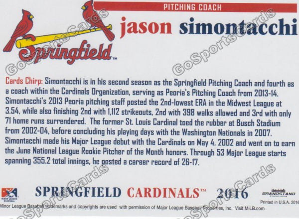 2016 Springfield Cardinals Jason Simontacchi Back of Card