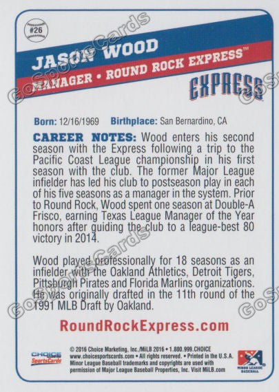 2016 Round Rock Express Jason Wood Back of Card