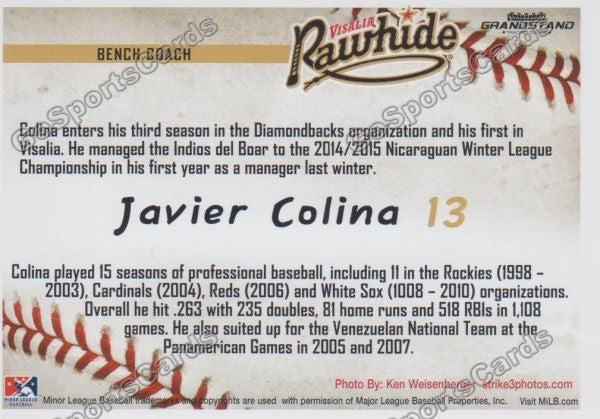 2016 Visalia Rawhide Javier Colina Back of Card