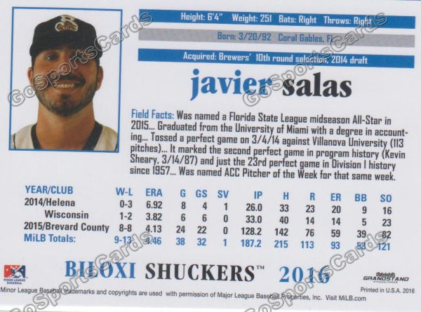 2016 Biloxi Shuckers Javier Salas Back of Card
