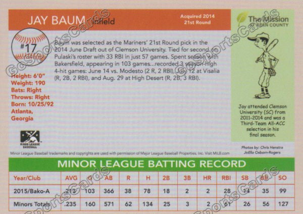 2016 Bakersfield Blaze Jay Baum  Back of Card