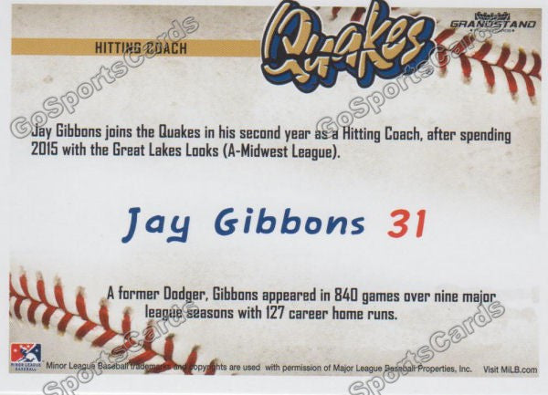 2016 Rancho Cucamonga Quakes Jay Gibbons Back of Card