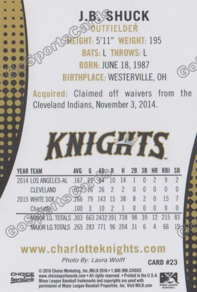 2016 Charlotte Knights JB Shuck Back of Card