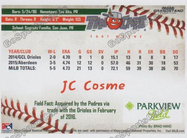 2016 Fort Wayne Tin Caps JC Jean Cosme  Back of Card