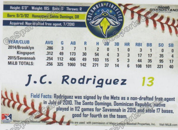 2016 Columbia Fireflies JC Rodriguez Back of Card