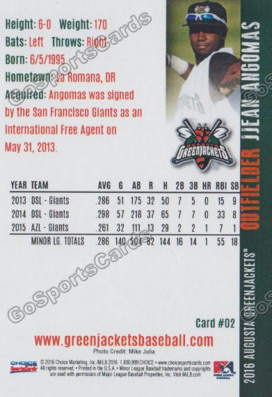 2016 Augusta Greenjackets Jean Angomas Back of Card