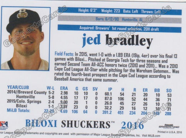 2016 Biloxi Shuckers Jed Bradley Back of Card