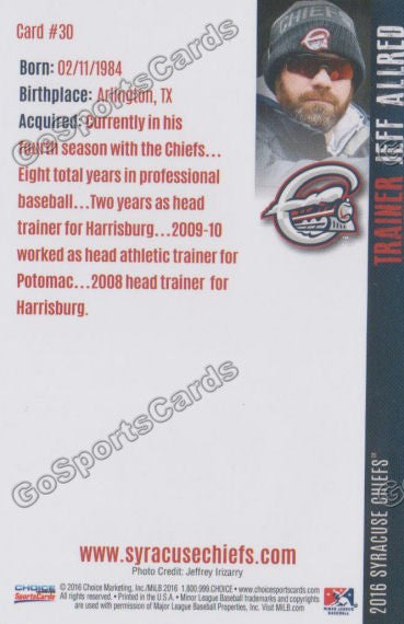 2016 Syracuse Chiefs Jeff Allred Back of Card