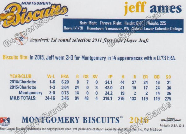 2016 Montgomery Biscuits Jeff Ames  Back of Card