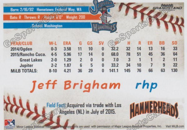 2016 Jupiter Hammerheads Jeff Brigham  Back of Card