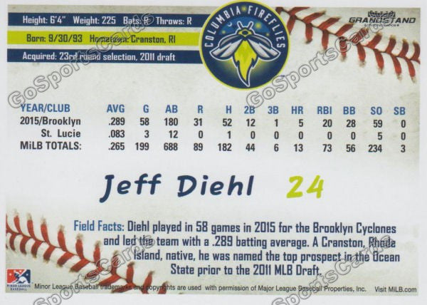 2016 Columbia Fireflies Jeff Diehl Back of Card