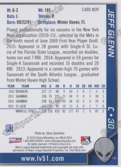 2016 Las Vegas 51s Jeff Glenn  Back of Card
