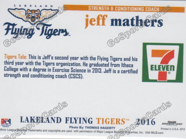 2016 Lakeland Flying Tigers Jeff Mathers Back of Card