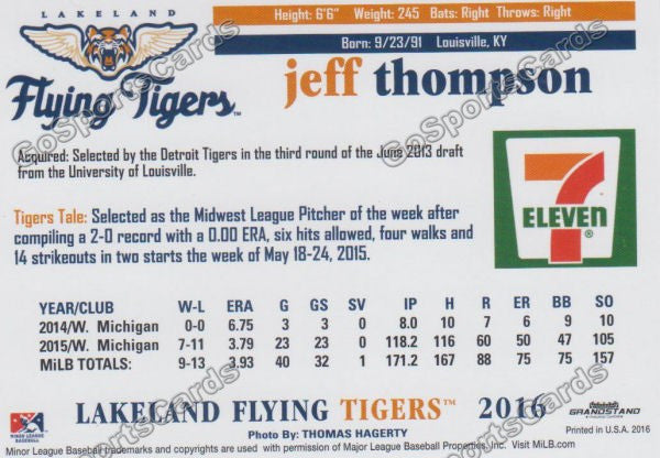 2016 Lakeland Flying Tigers Jeff Thompson Back of Card