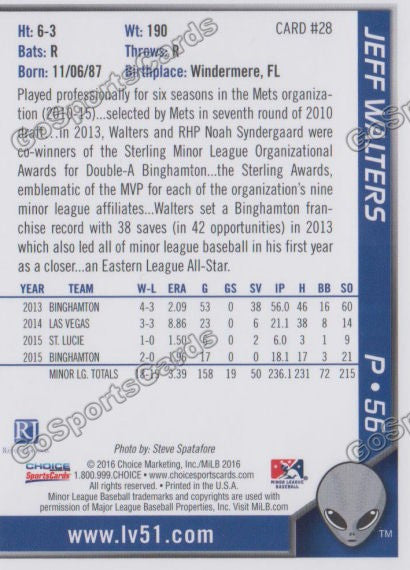 2016 Las Vegas 51s Jeff Walters  Back of Card