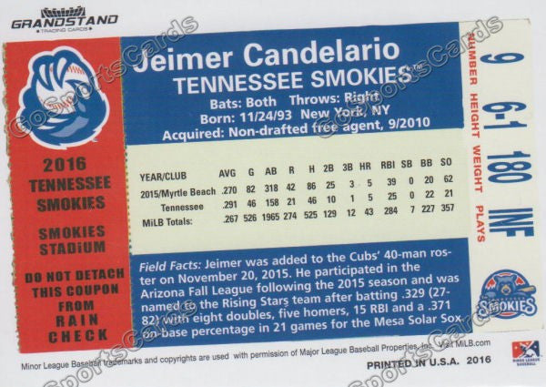 2016 Tennessee Smokies Jeimer Candelario Back of Card