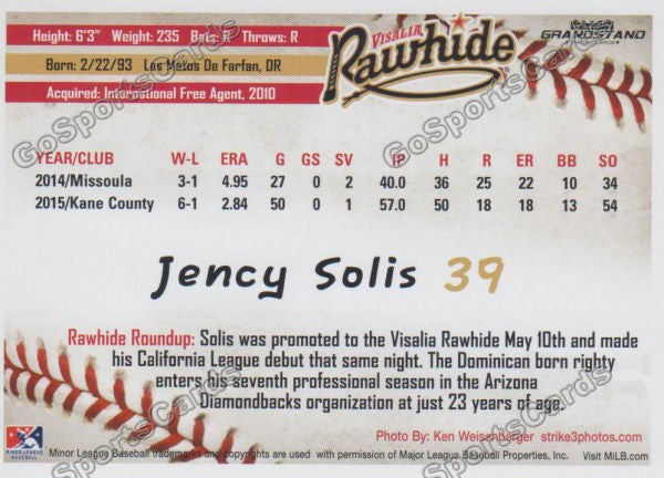 2016 Visalia Rawhide Jency Solis Back of Card