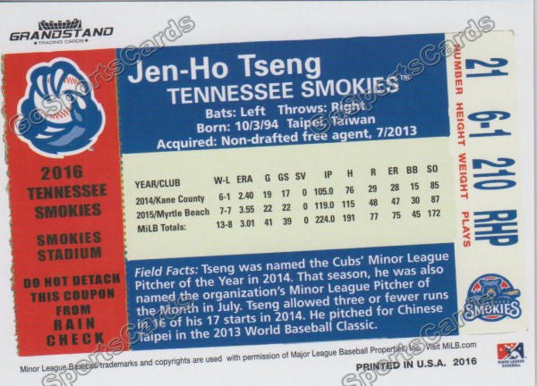 2016 Tennessee Smokies Jen Ho Tseng Back of Card