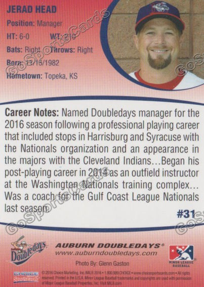 2016 Auburn Doubledays Jerad Head Back of Card