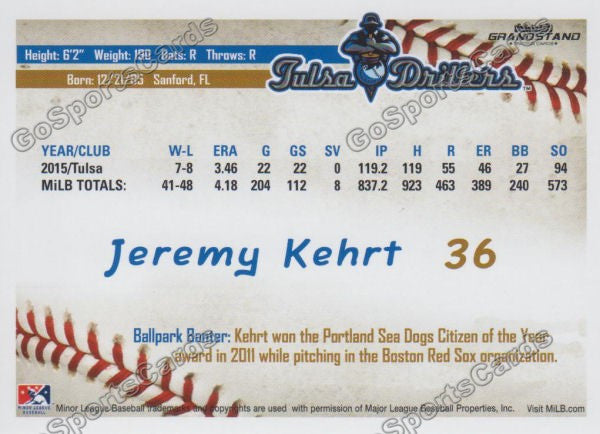 2016 Tulsa Drillers Jeremy Kehrt Back of Card