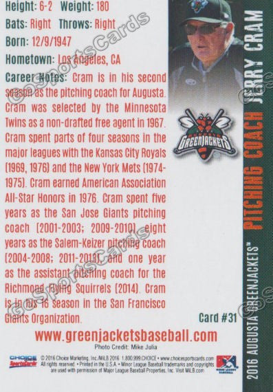 2016 Augusta Greenjackets Jerry Cram Back of Card