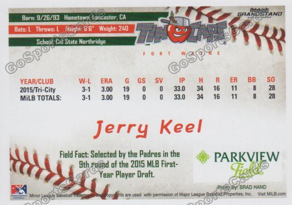 2016 Fort Wayne Tin Caps Jerry Keel  Back of Card