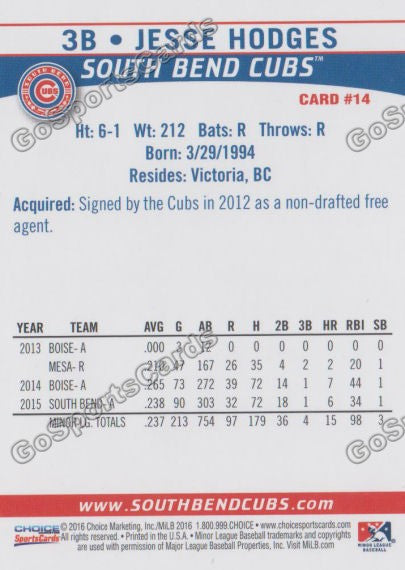 2016 South Bend Cubs Jesse Hodges Back of Card