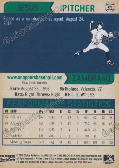 2016 Beloit Snappers Jesus Zambrano Back of Card