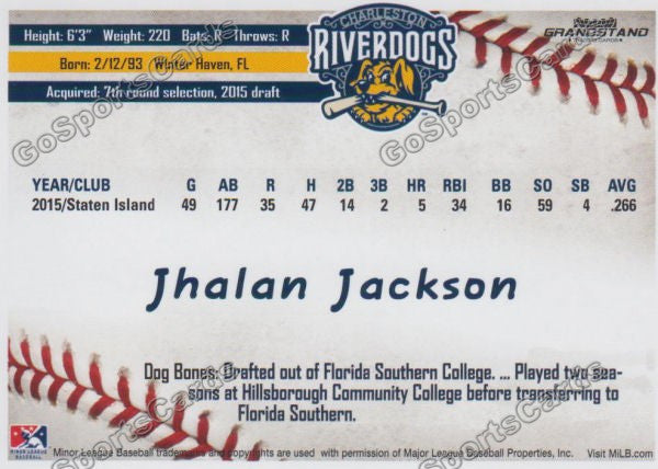 2016 Charleston RiverDogs Jhalan Jackson Back of Card