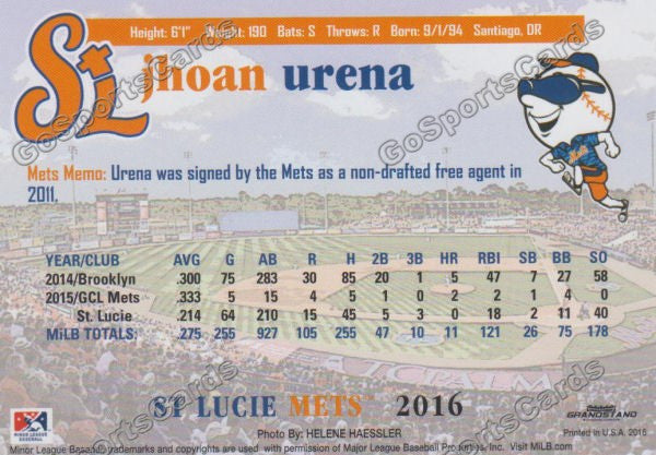 2016 St Lucie Mets Jhoan Urena  Back of Card
