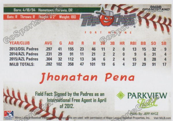 2016 Fort Wayne Tin Caps Jhonatan Pena  Back of Card