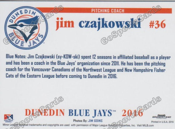 2016 Dunedin Blue Jays Jim Czajkowski  Back of Card