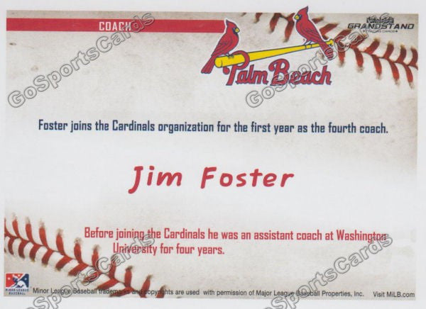 2016 Palm Beach Cardinals Jim Foster  Back of Card