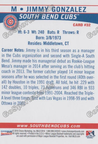 2016 South Bend Cubs Jimmy Gonzalez Back of Card